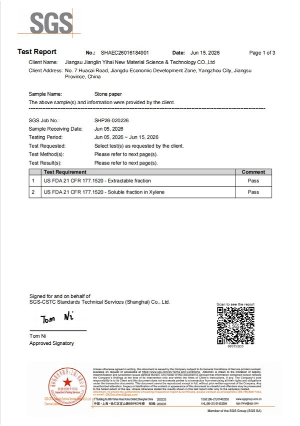 Stone Paper FDA Test Report Stone Paper FDA Test Report