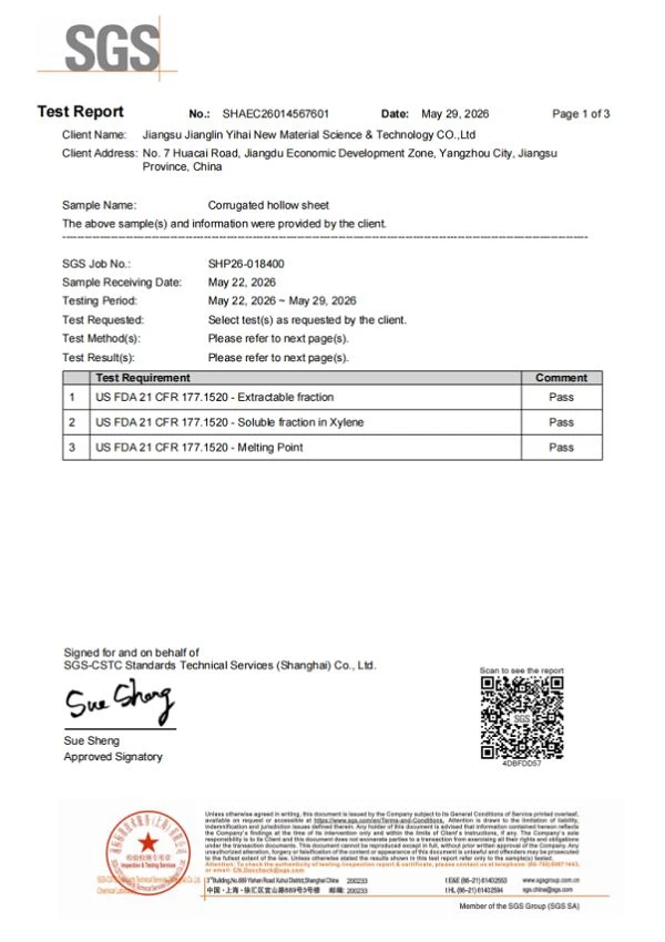 Corrugated Plastic Sheets FDA Test Report Corrugated Plastic Sheets FDA Test Report